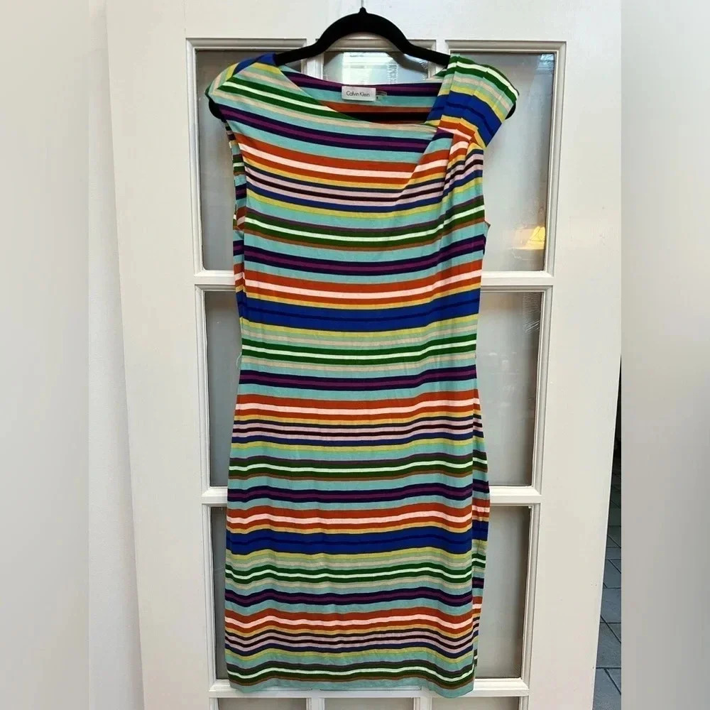 Calvin Klein Y2K Chic Multicolor Lightweight Stripe Classic Dress Size 8 Medium - Picture 7 of 7